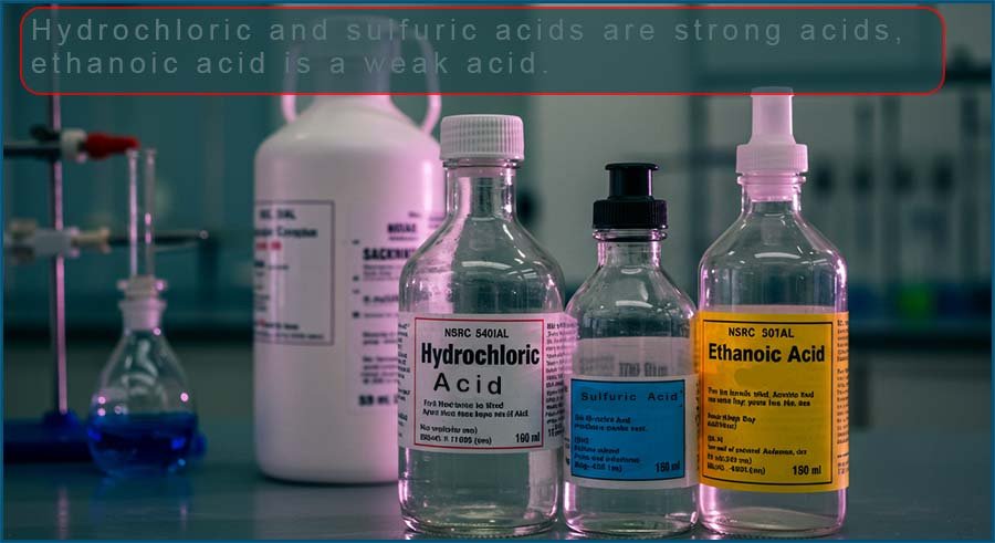 the strong acids hydrochloric and sulfuric acid in bottles besid ethe weak acid ethanoic on the bench in the lab.